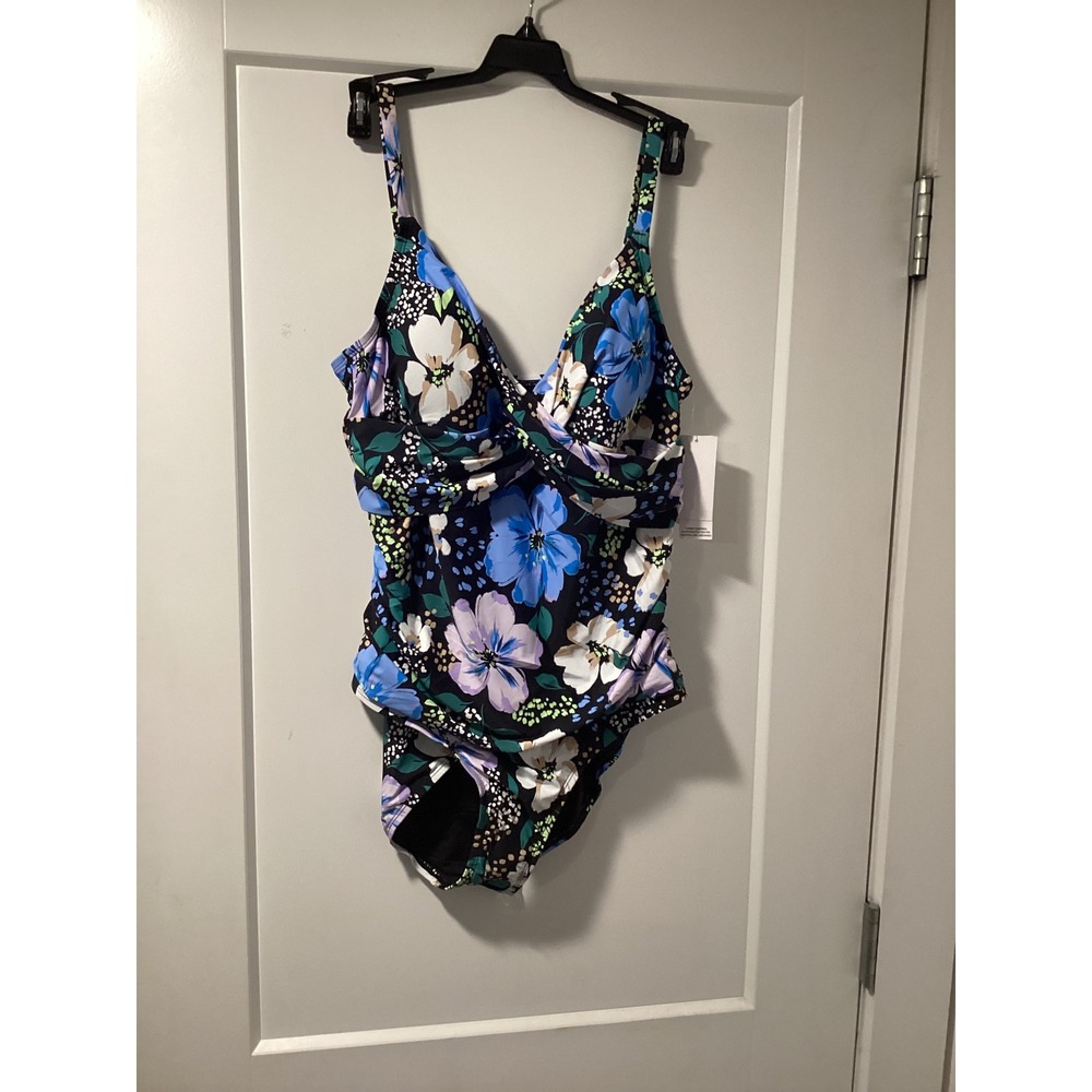 Jantzen Womens Floral Breeze‎ One Piece Swimsuit Tummy Control Black Blue 14 NEW